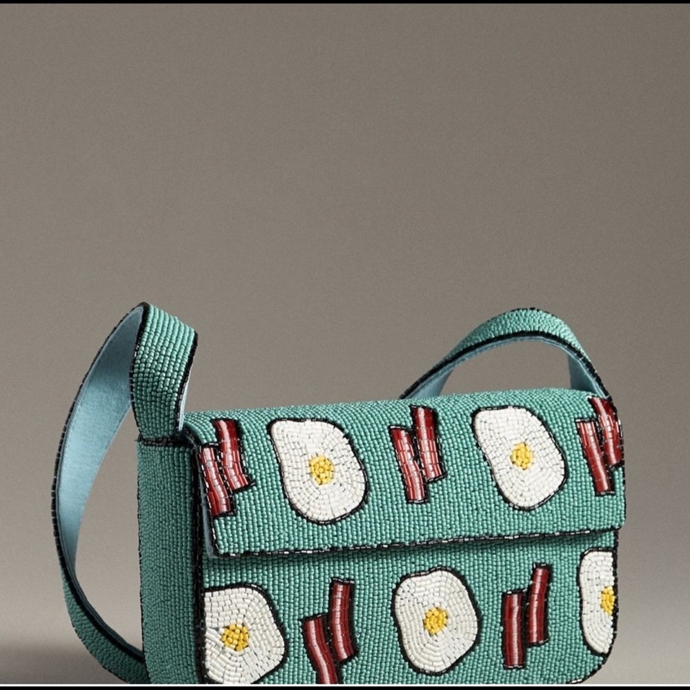 Anthropologie Fiona Beaded Bag Icon Food & Drink Bacon & Eggs Turquoise